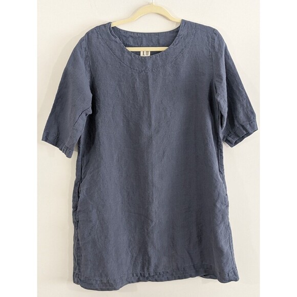 LO Len Ok Lenok Tunic Sz M Blue Linen Lagenlook Pockets 3/4 Sleeve Pullover - Picture 1 of 6